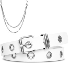 FIORETTO Single Grommet Leather Belt with Detachable Chain Women Men Punk Rock Waist Belts for Jeans Pants Single Hole White