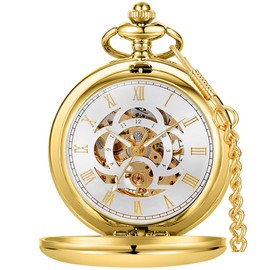 Alwesam Gold Steel Mechanical Hand Wind Pocket Watch Skeleton Roman Numerals Pocket Watches with Chain & Gift Box Birthdays Father's Day Gifts for Men,Dad