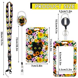 Retractable Badge Holder with Lanyard, ID Card Holder with Reel and Adjustable Lanyards, Name Tag Lanyard Vertical ID Protector Badge Clips for Office Teachers Nurses (Cat Flowers)