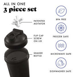 Fit & Fresh Shaker Bottle, Leak Proof Sports Blender Bottle for Protein Mix For Women, Durable Protein Shaker Cup 24 oz.with Unique Agitator for Smooth Mixing, Black