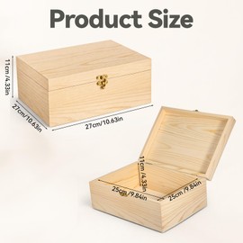 Large Unfinished Wooden Box with Hinged Lid, 10.6" x 7.6" x 4.3" Smooth Unpainted Wooden Storage Box Unfinished Large Keepsake-Box for Crafts Jewelry DIY Decoration Natural