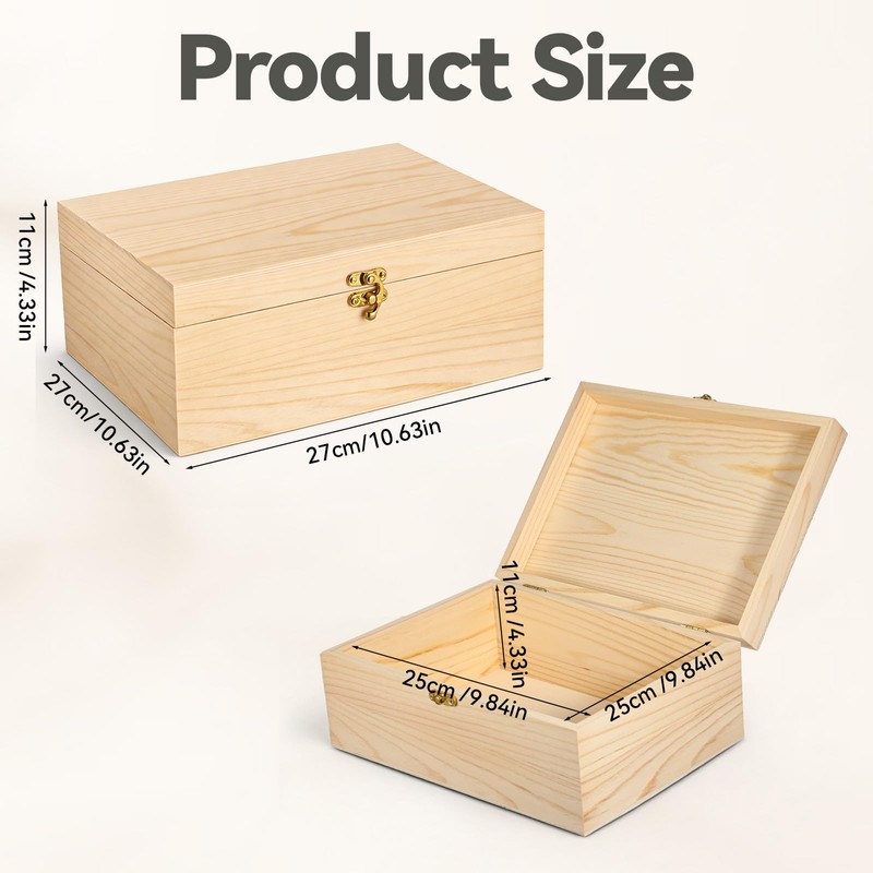 Large Unfinished Wooden Box with Hinged Lid, 10.6" x 7.6"