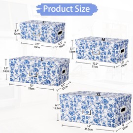 Hollyone Blue & White Storage Boxes with Lids, Cardboard Containers with Handle Holes, Rectangle Wardrobe Boxes, Set of 4 Nesting Assorted Sizes Packaging Boxes for Toys, Cloth, Home Organization