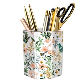 WAVEYU Cute Pen Holder for Desk, Ceramic Pencil Holder, Pen Cup Marker Holder Makeup Brush Holders, Desk Accessories & Workspace Organizers for Home, School & Office, White Flower