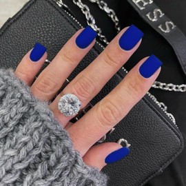 Matte Royal Blue Press on Nails Short Square, KXAMELIE Natural Gel Nails Glue on Acrylic Nails Press ons Featured Protective Coat Fake Nails Solid Color 24Pcs Short Coffin Artificial Nails