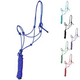Majestic Ally 1/4" Rope 4 Knot Stiff Polyester Training Halter with 10’ Matching Lead Rope for Horses – Full (Royal Blue, Full)