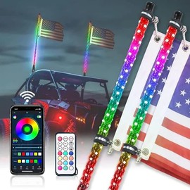LED Whip Light with App & Remote Control, 4FT 2PC Spiral RGB Chasing Lighted Whips with Rocker Switch, Music RGB Whip Light for Antenna for ATV UTV Polaris RZR Can-am Dune Buggy Jeep