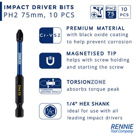 10 x Rennie Tools 75mm Long PH2 Impact Screwdriver Driver Bits Set. Magnetic Phillips No.2 Heavy Duty Impact Driver Bit Set. Long PH2 Bits. Hex Shank. Cross Head Long PH2 Bits. Black Oxide Coated