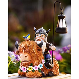 Vereemy Garden Gnome Outdoor Statue 12 Inch Highland Cow Gnomes Decorations for Yard Patio Lawn Porch Birthday Gifts for Women Men, Mother’s Day, Housewarming with Solar Light Funny Decor for Outside