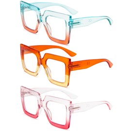 REAVEE 3 Pack Oversized Reading Glasses for Women Large Frame Extra Wide, Blue Light Blocking Readers Stylish Square Thick Eyewear, Green Orange+Orange Yellow+Pink Red, 2.0