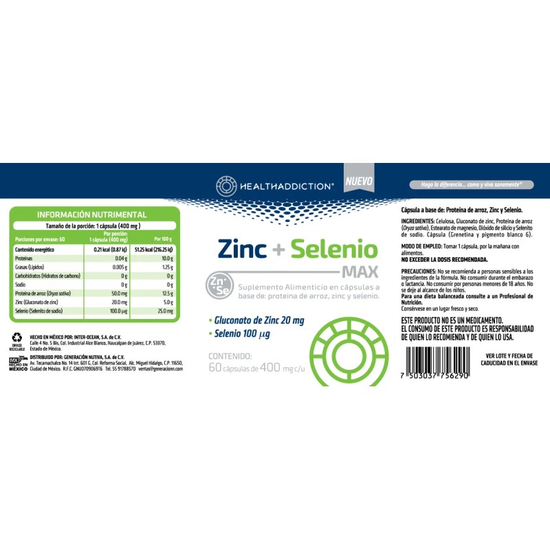 Zinc + Selenio Max Antioxidante 60 Cápsulas De 400 Mg