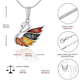 AMBEDORA Women's Swan Necklace with Amber, Polished Sterling Silver, Natural Colourfull Baltic Amber, Silver Pendant with Chain