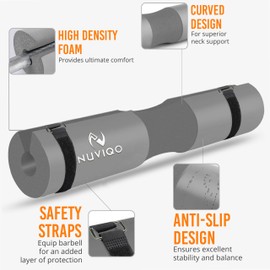 Barbell Pad Squat Pad for Lunges and Squats - Hip Thrust Pad for Standard and Olympic Bars - Provides Cushion to Neck and Shoulders While Training (GREY)