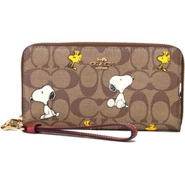 GOYA Women's Leather Long Wallet, Snoopy Print, Signature, Peanuts, Collaboration, Snoopy Woodstock Print, Wristlet, Long Zip Around, CE705