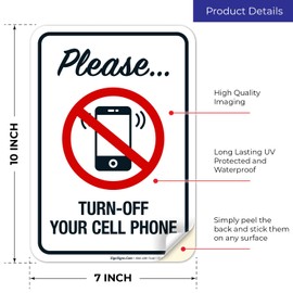 Sigo Signs, Please Turn Off Your Cell Phone Sign, 10x7 Inches, 4 Mil Vinyl Decal Stickers Weather Resistant, Made in USA