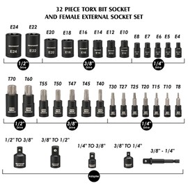 MIXPOWER 32PCS Torx Bit Socket Set, 14 Star Bits (T8-T70)& 13 E-Torx Sockets (E4-E24), CR-V & S2 Alloy Steel