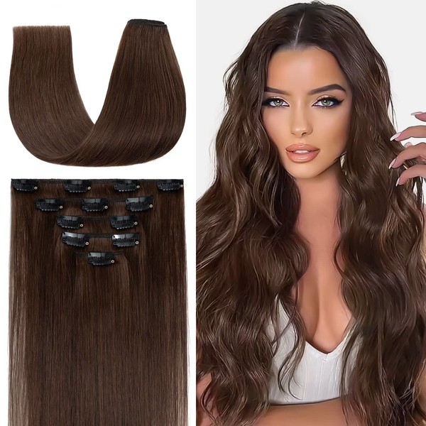 TESS Brown Real Hair Extensions Clip, 5 Pieces Double Wefts #4 Brown Clip-In Extensions Real Hair Straight Remy Real Hair 70 g 45 cm Hair Extensions Real Hair Clip