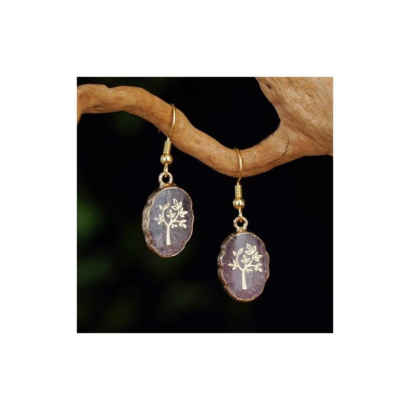 Natural Rose Quartz Tree of Life Earrings for Women Unique