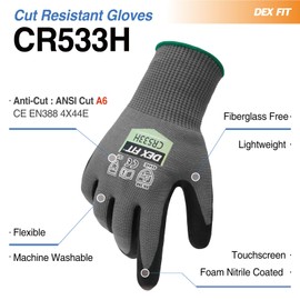 DEX FIT Level A6 Cut Resistant Gloves CR533H - Silky Smooth and Fiberglass Free, Firm Grip, Thin & Lightweight, Touchscreen Compatible, Durable, Breathable, Machine Washable; Grey L (9) 1 Pair