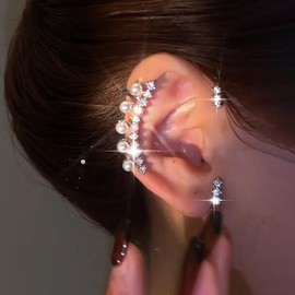 TseenYi Rhinestone Pearl Earrings Silver Crystal Beads Cuff Climber Earrings Boho Pearl Crawler Cuff Earrings Bridal Pearl CZ Earrings Jewellery for Women and Girls (Left), Crystal