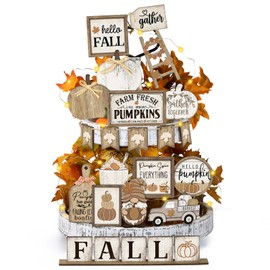 DoubleFill 24 Pcs Fall Tiered Tray Decoration Set Thanksgiving Table Sign Pumpkins Farmhouse Decor Gnome Maple Leaves Centerpieces Harvest Wood Blocks Signs Fall Block Tabletop for Autumn(Rustic)