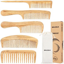 Juego de 5 peines antiestáticos de bambú naturales hechos a mano, dientes anchos, cola de rata y diente fino para desenredar cabello largo, corto, gru