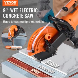 VEVOR Electric Concrete Saw, 9 in Circular Saw Cutter with 3.5 in Cutting Depth, Wet/Dry Disk Cutter Includes Water Line, Pump and Blade, for Stone, Brick, Porcelain, Concrete, 1800W Motor