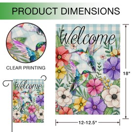 Hzppyz Welcome Spring Garden Flag Hummingbird, Decorative House Yard Lawn Outdoor Small Burlap Bird Flag Flower Decor, Blue Plaid Summer Farmhouse Seasonal Outside Decorations Double Sided 12 x 18