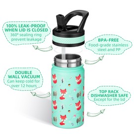 Fanhaw 14 Oz Kids Insulated Water Bottle with Straw - Stainless Steel Double Wall Vacuum Cup, Leakproof, BPA Free, Suitable for Boys and Girls(Green - Little Fox)