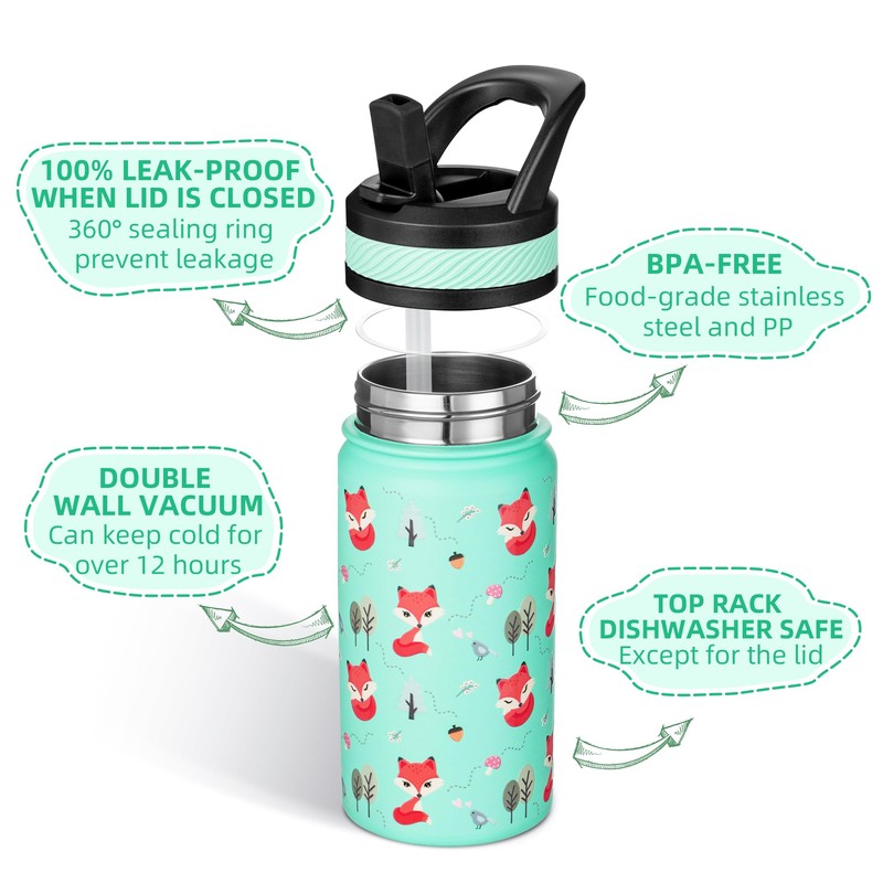 Fanhaw 14 Oz Kids Insulated Water Bottle with Straw -