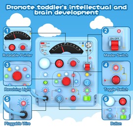 Busy Board Montessori Toys for Toddler 1 2 3 4 Year Old with 13 LED Lights, Sensory Toys Educational Learning for Toddlers 1-3, Activity Travel Toy Gifts for 1+ Year Old Boys and Girls