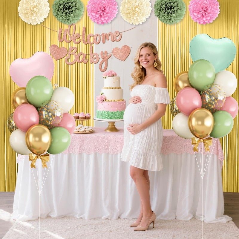 Dusty Pink Green Gold Baby Shower Decorations,Welcome Baby Banner with