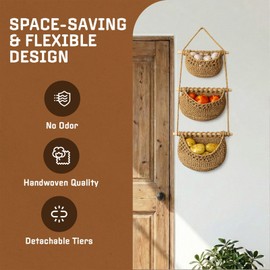 JMZ E Home Cotton Hanging Fruit Basket, 3 Tier Woven Wall Basket, Hanging storage baskets for Kitchen and Bathroom, Macrame Wall Hanging, Boho Decor Over The Door Organizer, Brown