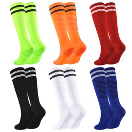 Hakugoo - Calcetines de fútbol para niños y niñas, calcetines deportivos acolchados para jóvenes, calcetines de béisbol a rayas hasta la rodilla, Colorido, paquete de 6, 7-10 Años