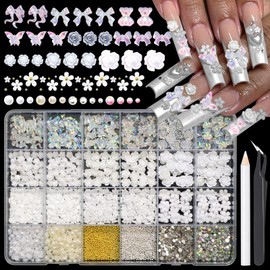 RODAKY White Nail Charms Aurora 3D Bow Butterfly Charm for Nails Mixed Size Nail Art Pearls Rhinestone Gems Camellia Flower Charms with Caviar Beads 24-Grid Box Crafts Embellishment