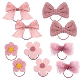 10 Pcs Pink Hair Ties with Bows, Cute Hair Ties, Pink Flower Scrunchie, Pinks Rubber Bands for Hairs, Pretty Bow Ponytail Holder for Various Hairstyles