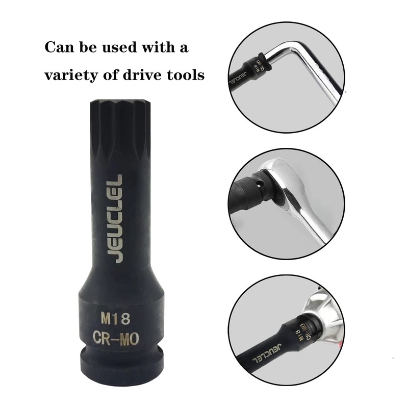 JEUCLEL M18 Triple Square Impact Spline Bit Socket, 18mm Metric