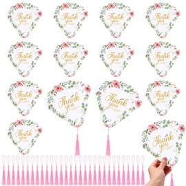 Spakon 100 Set of Wedding Paper Fans Bulk with Silky Tassels Wedding Handheld Fans for Program Ceremony Assembled Paper Fans Wedding Fan for Wedding Guest Party Favors (Pink,Flowers)