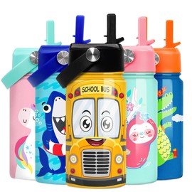 School Bus Water Bottle - Kids Water Bottle with Straw Lid - 12 Oz Insulated Stainless Steel Water Bottles for Toddlers Kid Boys - Travel Cup for School Sports