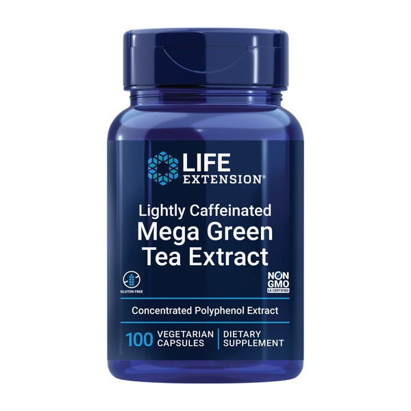 Life Extension Lightly Caffeinated Mega Green Tea Extract - 98% EGCG Polyphenols Supplement for Heart and Brain Health Support for Men and Women - Gluten Free, Non-GMO, Vegetarian - 100 Count