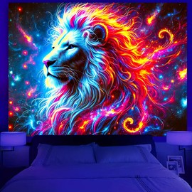 BlissYard Blacklight Lion Tapestry 78x59 Inch Lion Trippy Galaxy Space Tapestry UV Reactive Glow in The Dark Tapestry Galaxy Space Tapestry Wall Hanging for Home Decor Art Wall Hanging for Living Room