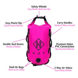HUT Swim Buoy Dry Bag - Premium safety tow float and watertight dry bag for open water swimmers, triathletes. High visibility safety swim buoy, two air chambers – be seen be safe.