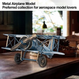Retro Airplane Model, Vintage Retro Wrought Metal Iron Biplane Plane Aircraft Handicraft Models Delicate Vintage Biplane Handicraft for Home Decoration Cafe Ornament(Blue)
