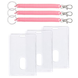Mini Skater 3set Acrylic Card Sleeve with Stretch Spring Spiral Coil Keychain Clear Hard Plastic Top Loader Card Badge Protector Case for Bank Student Worker's Trading Card (Pink Wrist Coil,Vertical)