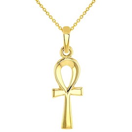 Jewelry America Solid 14k Yellow Gold Mini Dainty Egyptian Ankh Cross Charm Pendant with Chain Necklace, 16"