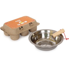 box of wooden eggs with breakable eggs, yolk whisk and bowl