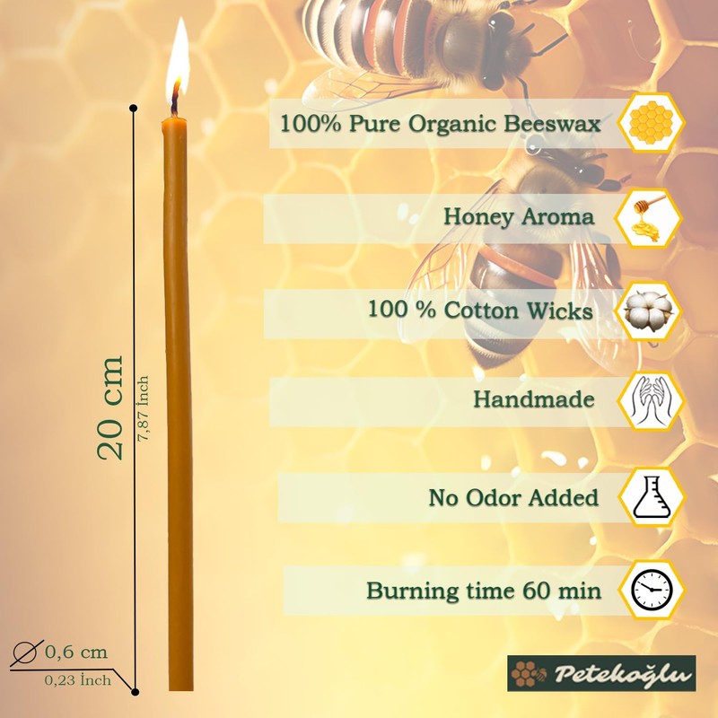 Petekoğlu 40 Pieces Pure Beeswax Candles - No-Drip, Smoke-Less, Tall,