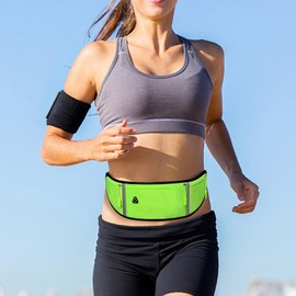 FuninCrea Running Belt with Water Bottle Holder and Adjustable Elastic Strap, 3 Zipper Pockets Fanny Pack Ultra Slim Waist Belt with Headphone Hole and Reflective Strips for Earphones Phones (Green)