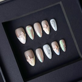 Luxury Press on Nails Medium Almond Handmade 3D Unique Reusable ABS Material Fake Nails French Tip False Nails with Designs Flower Butterfly Pearls Art Petal Glossy Glue on Nails Thick Acrylic Nails