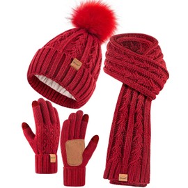 Womens Beanie Hat Scarf Gloves Set, Soft Fleece Lined Winter Hat with Pom Pom, Long Knit Scarf Neck Warmer Touchscreen Gloves for Cold Weather, 3 in 1 Warm Set (Burgundy)